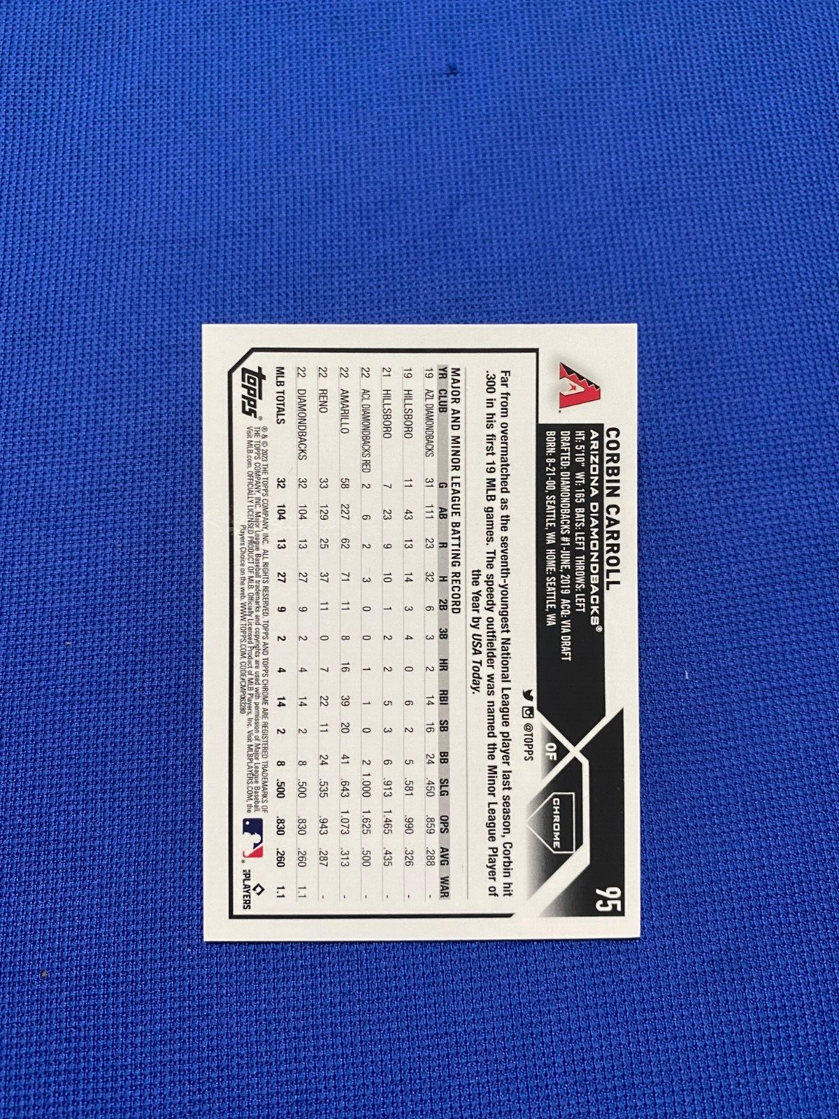 2023 TOPPS CHROME CORBIN CARROLL ARIZ DIAMONDBACKS BLUE LOGOFRACTOR RC /150 #95