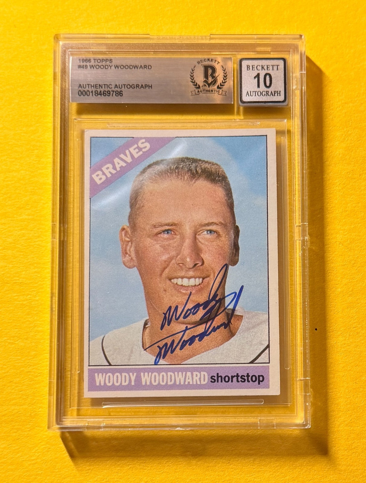 1966 TOPPS WOODY WOODWARD #49 SIGNED AUTO CARD BECKETT 10 AUTH BRAVES
