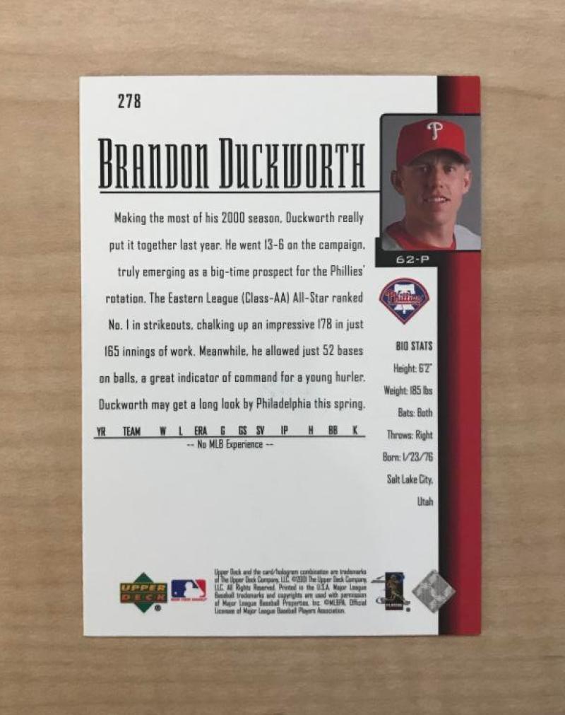 BRANDON DUCKWORTH PHILADELPHIA PHILLIES SIGNED 2001 UPPER DECK CARD #278 W/COA 