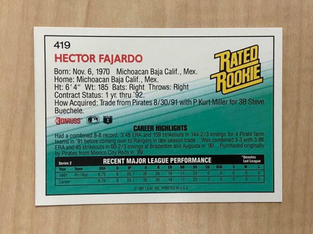 HECTOR FAJARDO TEXAS RANGERS SIGNED AUTOGRAPHED 1992 DONRUSS CARD #419 W/COA