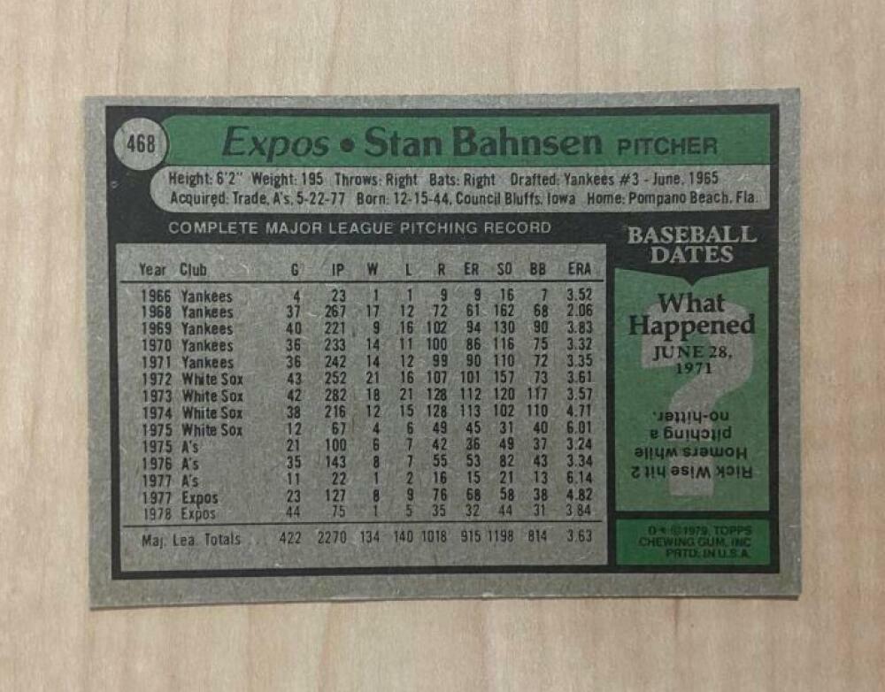 STAN BAHNSEN MONTREAL EXPOS SIGNED AUTOGRAPHED 1979 TOPPS CARD #468 W/COA