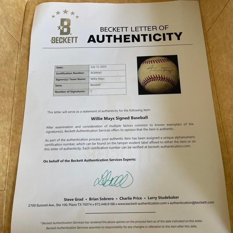 WILLIE MAYS GIANTS/METS SIGNED AUTO N.L. BASEBALL BAS LOA 