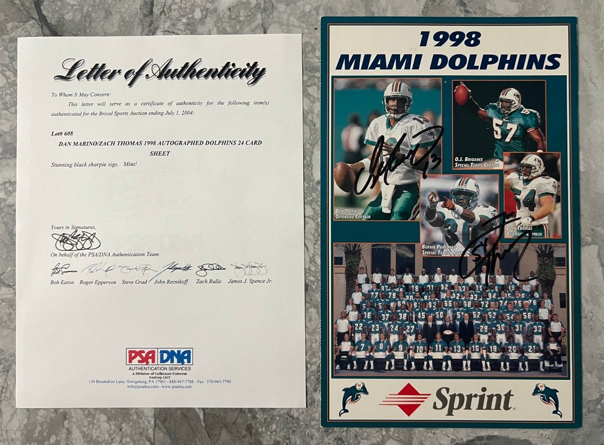 DAN MARINO & ZACH THOMAS MIAMI DOLPHINS DUAL SIGNED AUTO 1998 TEAM PHOTO PSA LOA