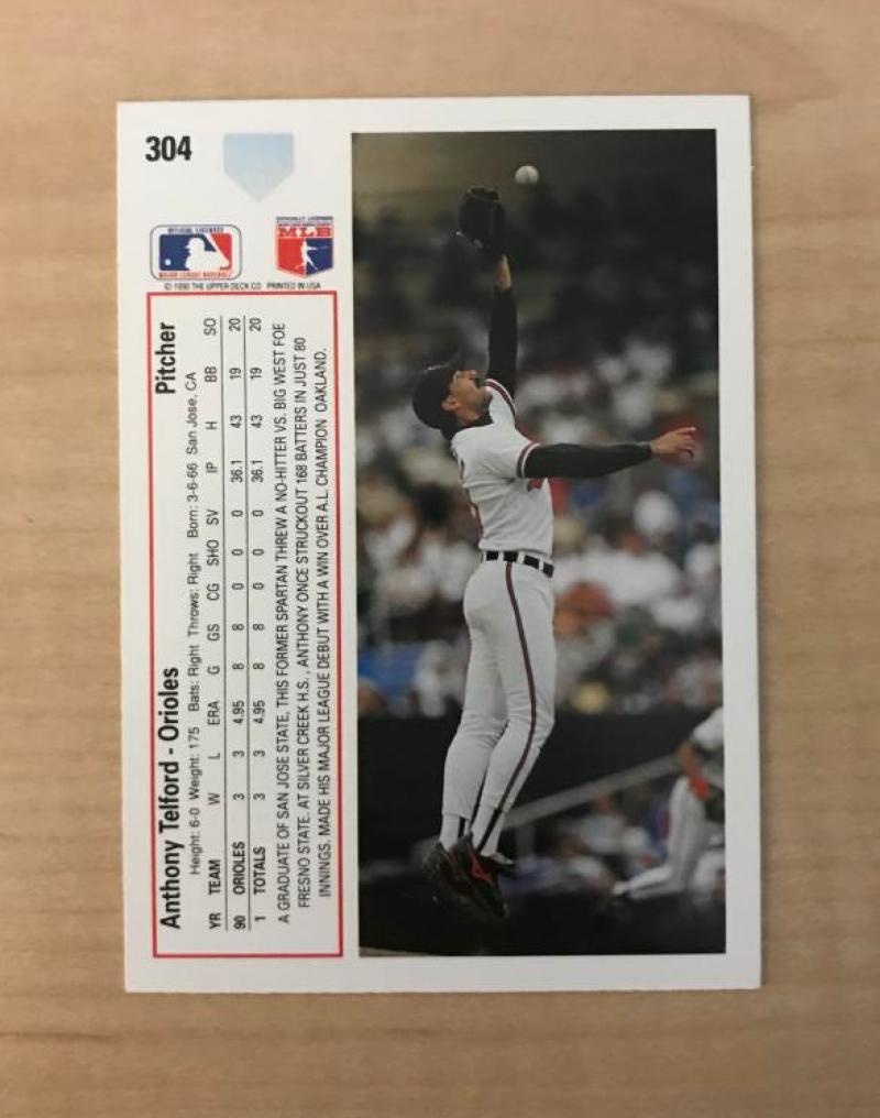 ANTHONY TELFORD BALTIMORE ORIOLES AUTOGRAPHED 1991 UPPER DECK CARD #304 W/COA 