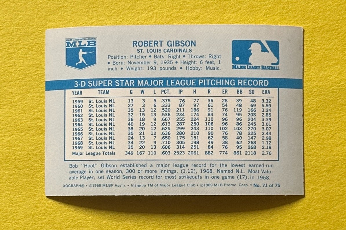 1970 KELLOGG'S 3-D BOB GIBSON #71 CARDINALS HOF