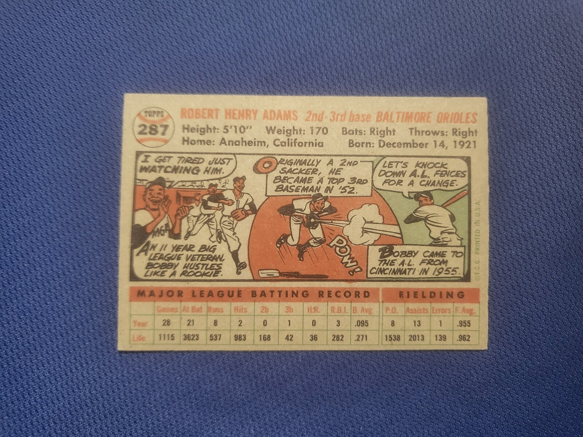 1956 TOPPS BOBBY ADAMS BALTIMORE ORIOLES #287 CARD VINTAGE SET-BREAK