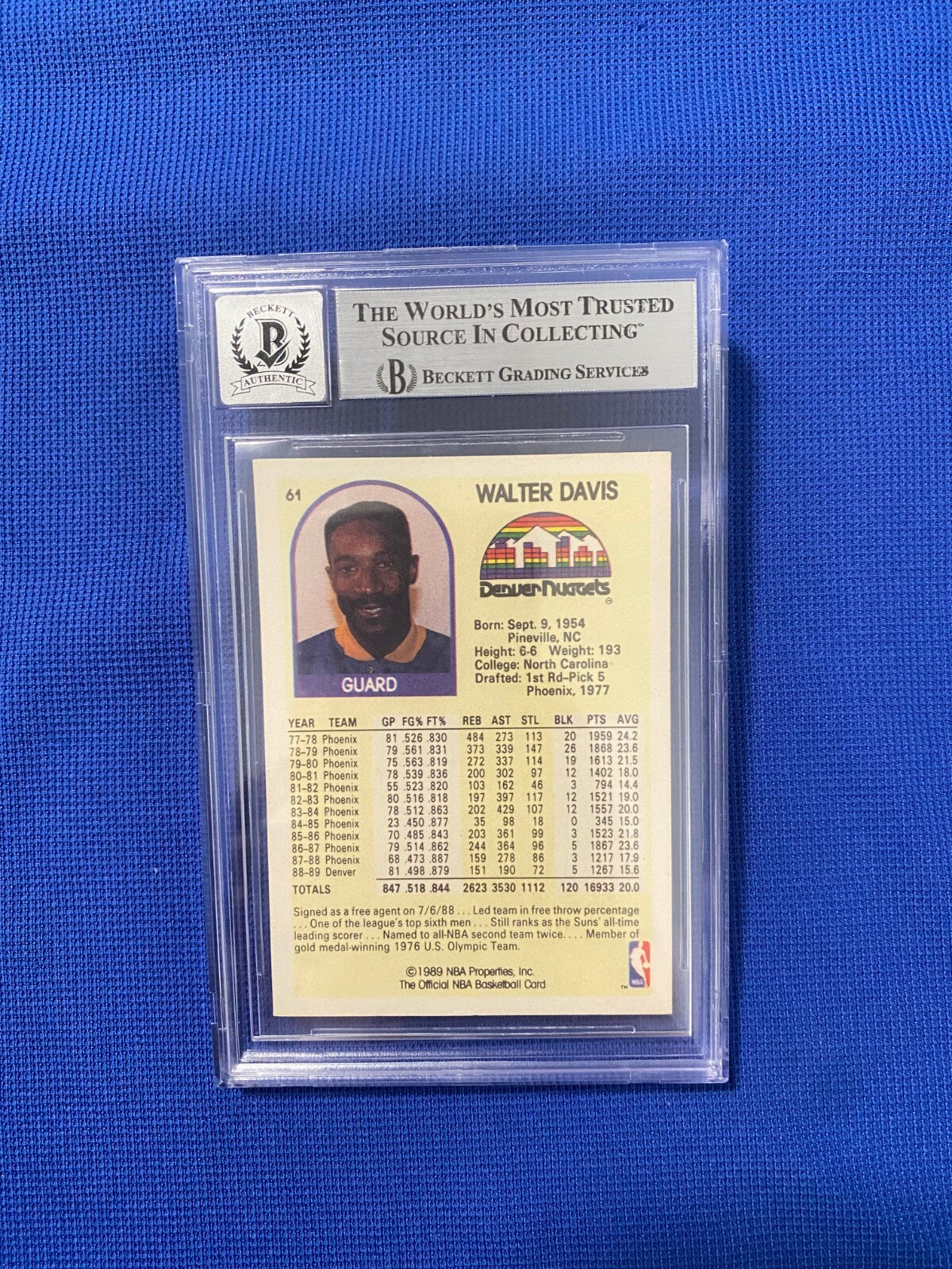 1989-90 HOOPS WALTER DAVIS NUGGETS SIGNED AUTO AUTOGRAPHED CARD #61 BECKETT