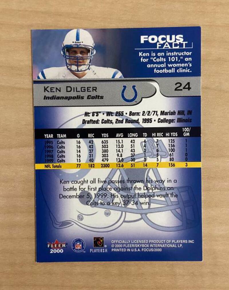 KEN DILGER INDIANAPOLIS COLTS SIGNED AUTOGRAPHED 2000 FLEER CARD #24 W/COA