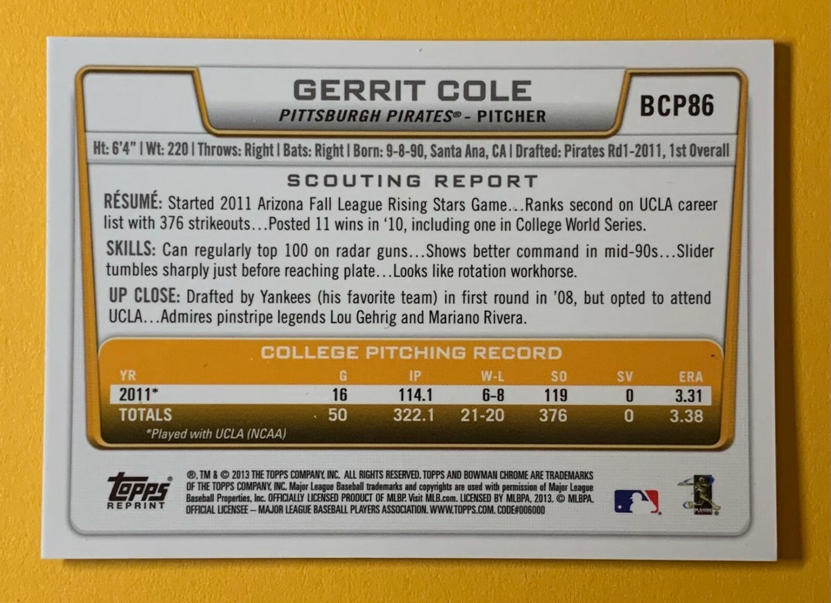 2013 BOWMAN CHROME GERRIT COLE ROOKIE SAPPHIRE BLUE REPRINT #BCP-86 PIRATES 