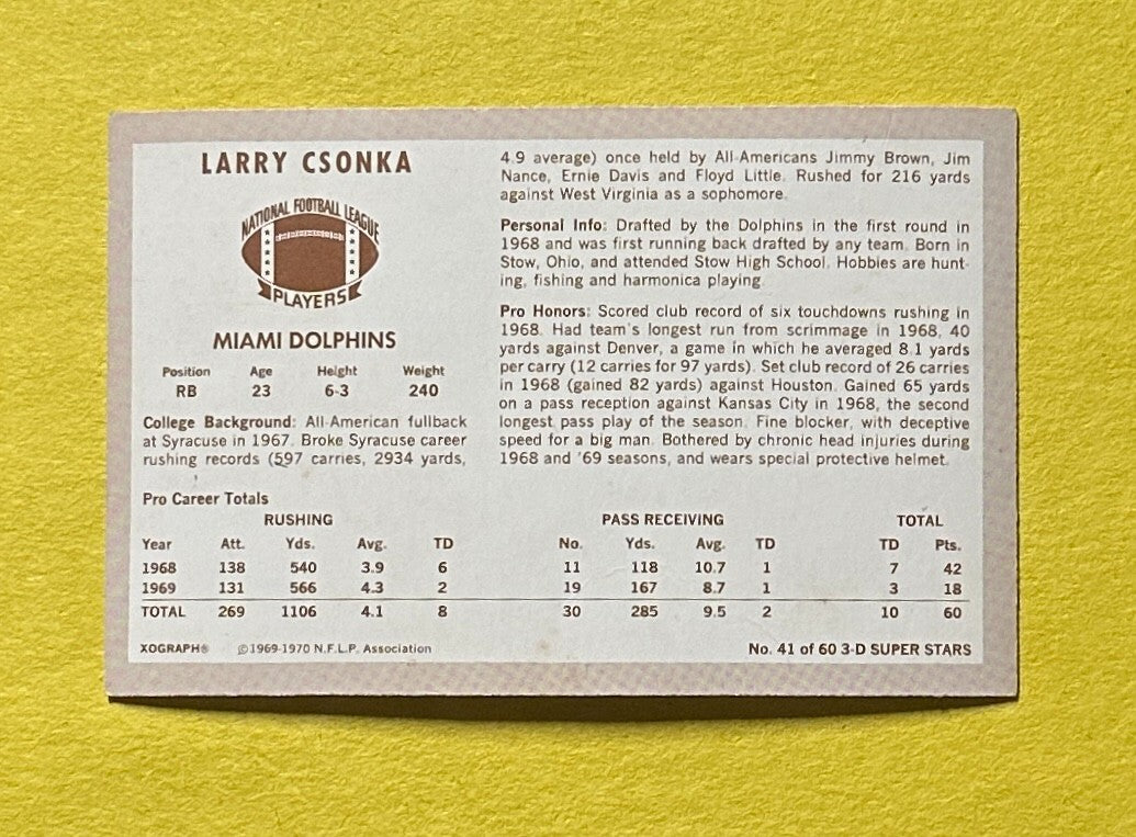1970 KELLOGG'S LARRY CSONKA D 3-D SUPER STARS #41 HOF DOLPHINS