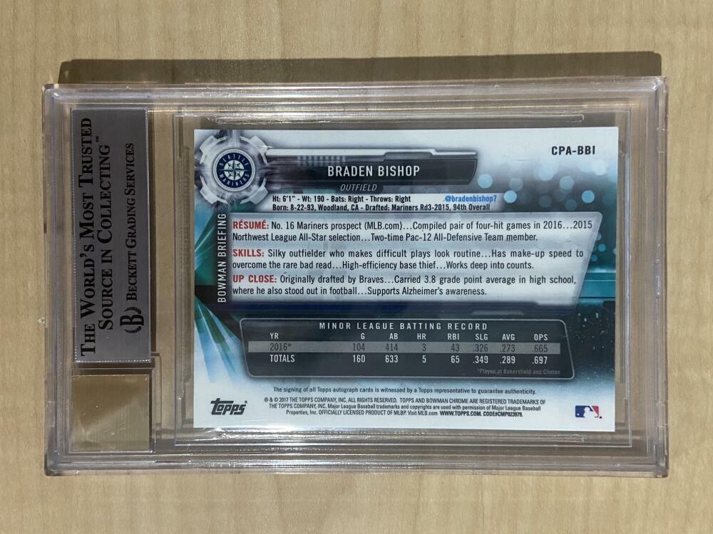 2017 BOWMAN CHROME PROSPECT AUTOGRAPHS BRADEN BISHOP BECKETT 9 AUTO 10
