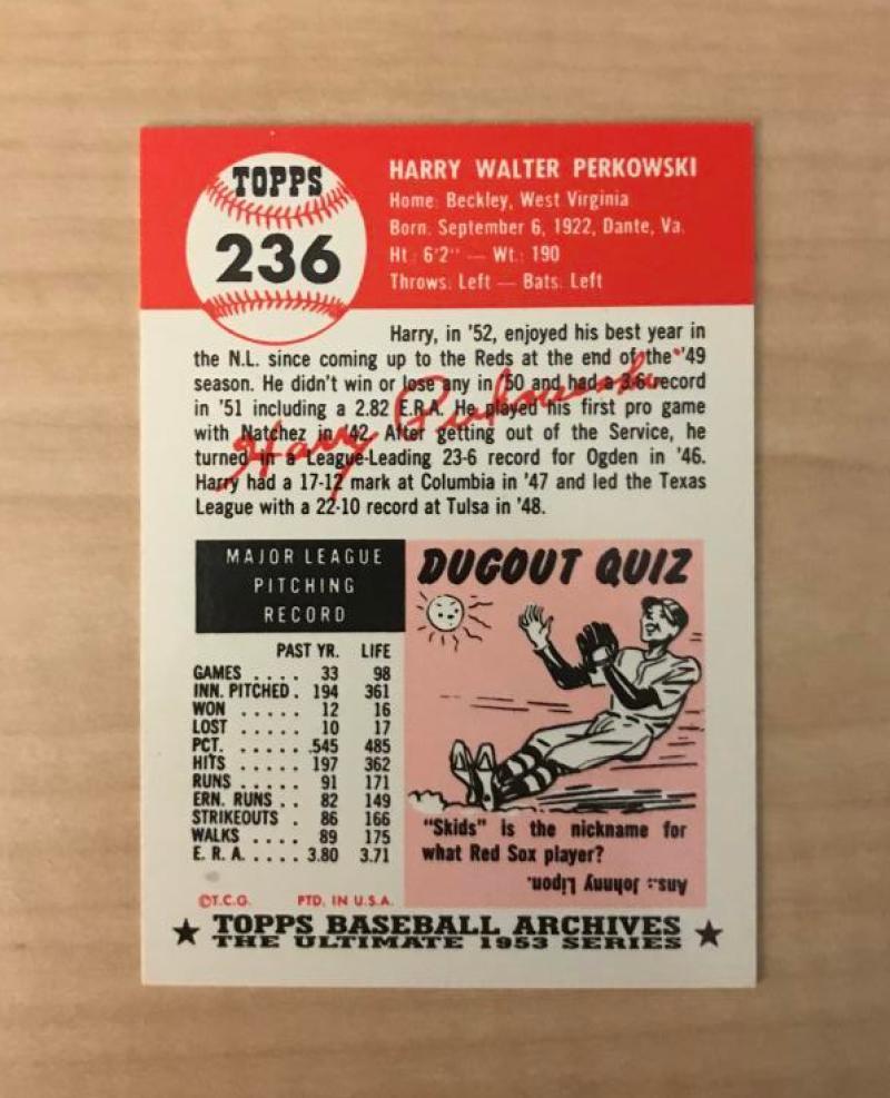 HARRY PERKOWSKI CINCINNATI REDS SIGNED DECEASED TOPPS ARCHIVES CARD #236 W/COA 