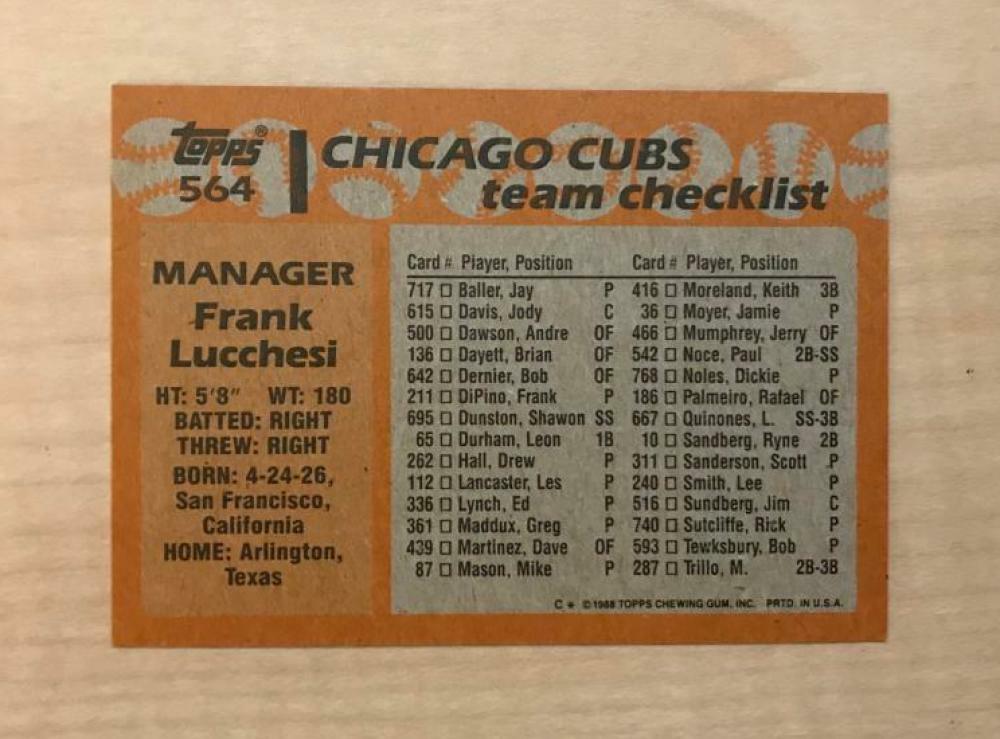 FRANK LUCCHESI CHICAGO CUBS SIGNED AUTOGRAPHED 1988 TOPPS CARD #564 W/COA
