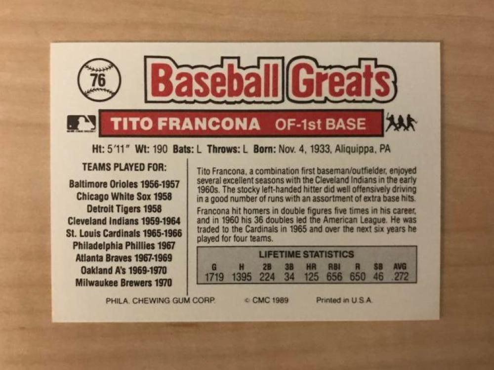 TITO FRANCONA ATLANTA BRAVES SIGNED DECEASED 1989 SWELL CARD #76 W/COA