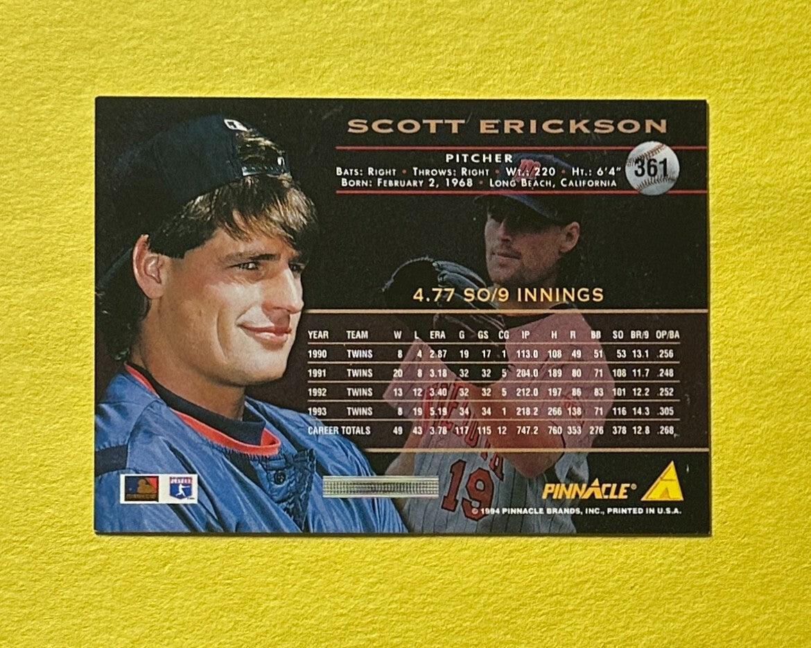 1994 PINNACLE SCOTT ERICKSON SIGNED AUTOGRAPH CARD W/ COA #261 TWINS
