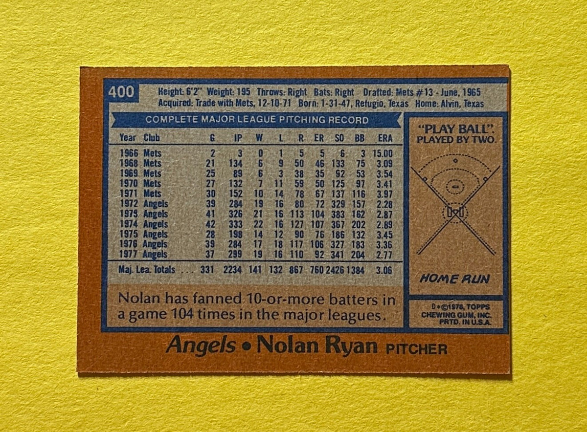 1978 TOPPS NOLAN RYAN #400 ANGELS HOF