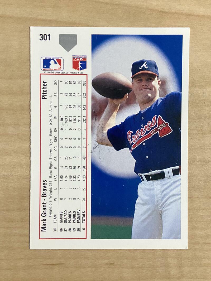 MARK GRANT ATLANTA BRAVES SIGNED AUTOGRAPHED 1991 UPPER DECK CARD #301 W/COA
