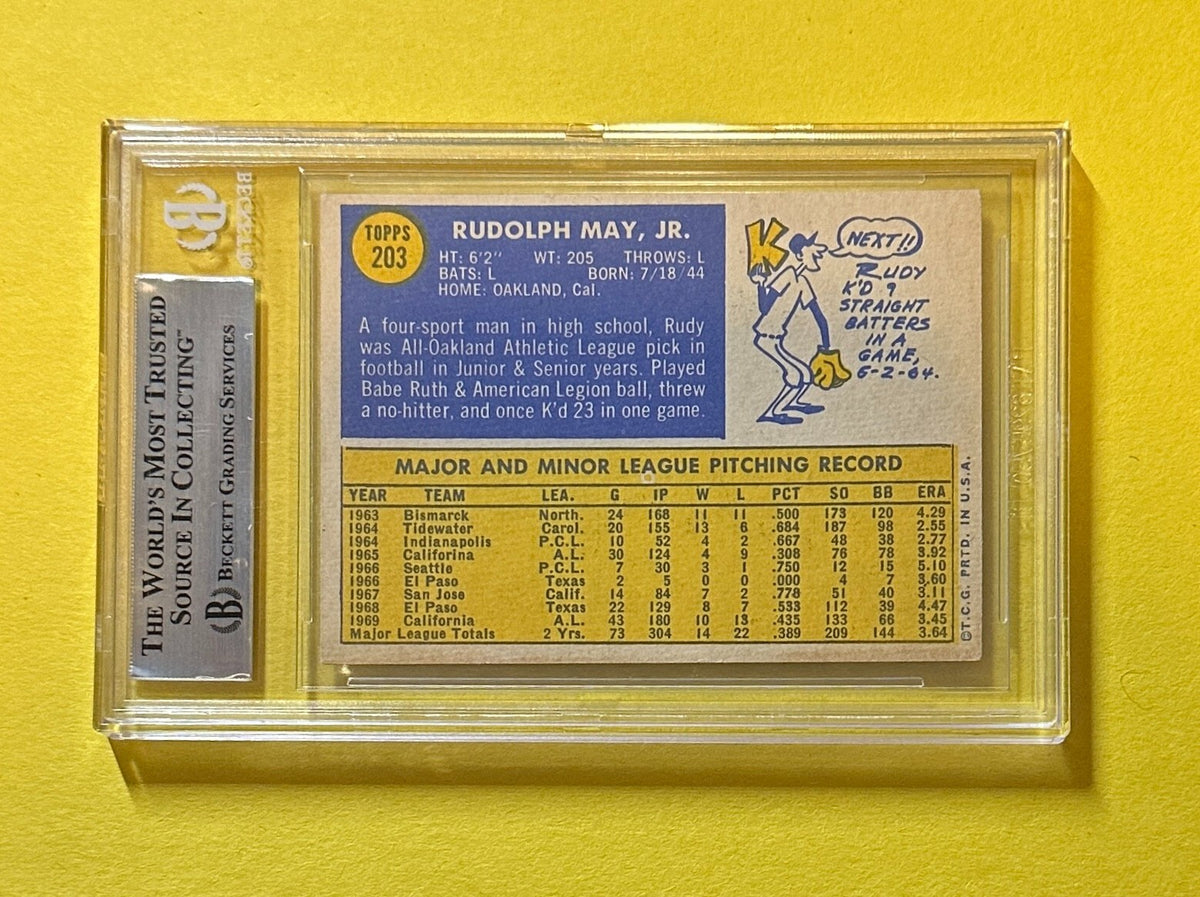 1970 TOPPS RUDY MAY #203 BECKETT AUTHENTIC SIGNED AUTOGRAPHED CARD ANGELS