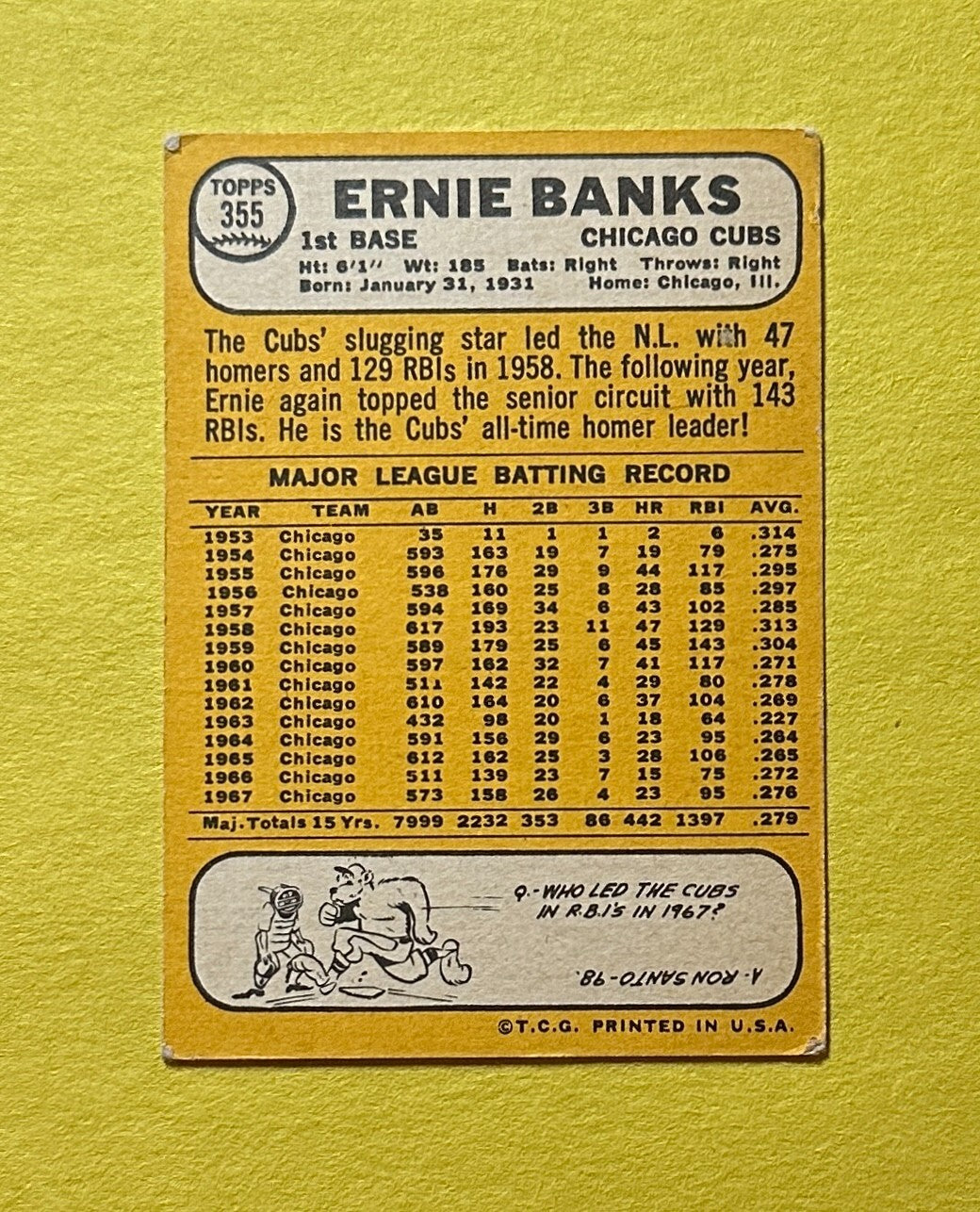 1968 TOPPS ERNIE BANKS #355 CUBS HOF