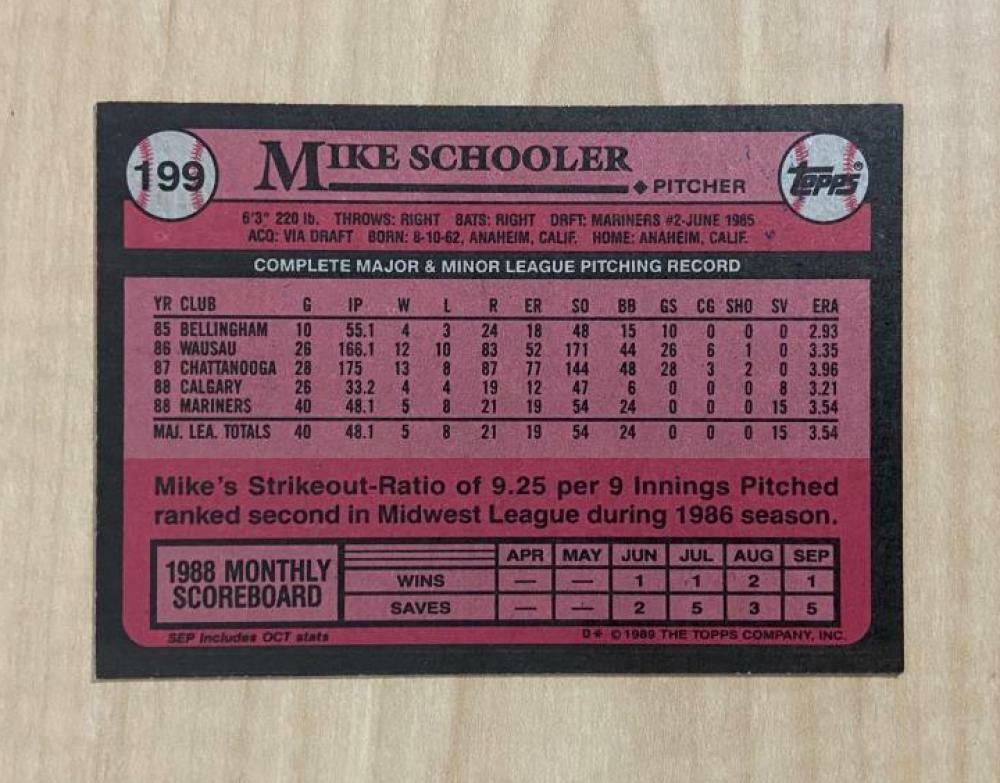 MIKE SCHOOLER SEATTLE MARINERS SIGNED AUTOGRAPHED 1989 TOPPS CARD #199 W/COA 