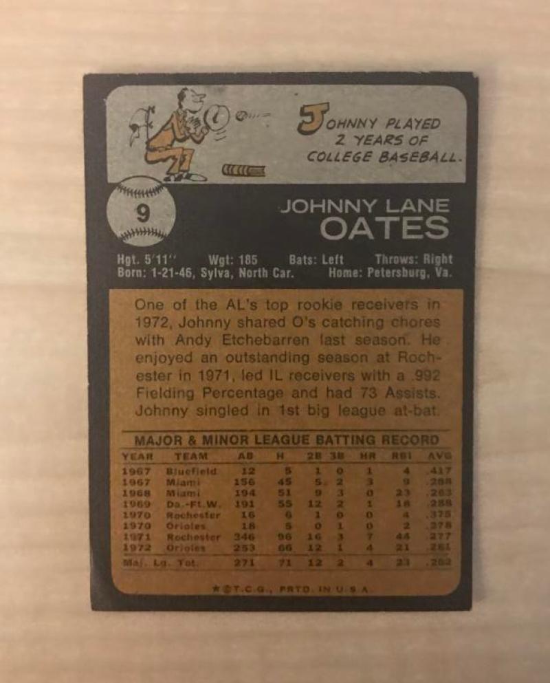 JOHNNY OATES BALTIMORE ORIOLES SIGNED VINTAGE DECEASED 1973 TOPPS CARD #9 W/COA