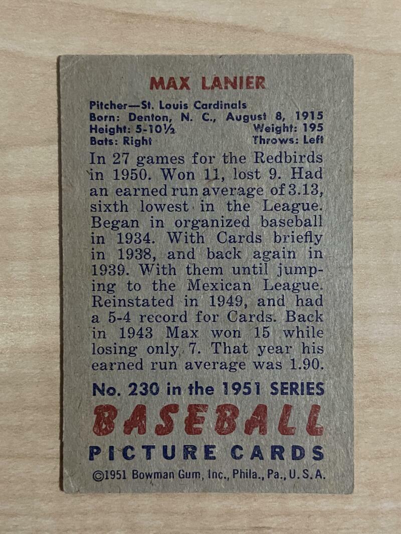 1951 BOWMAN MAX LANIER CARDINALS EX CONDITION