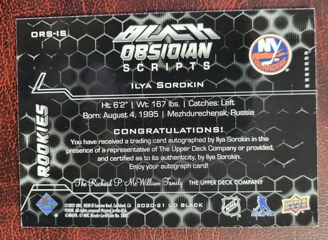 2020 UPPER DECK OBSIDIAN SCRIPTS ILYA SORDKIN ISLANDERS AUTO CARD ORS-IS