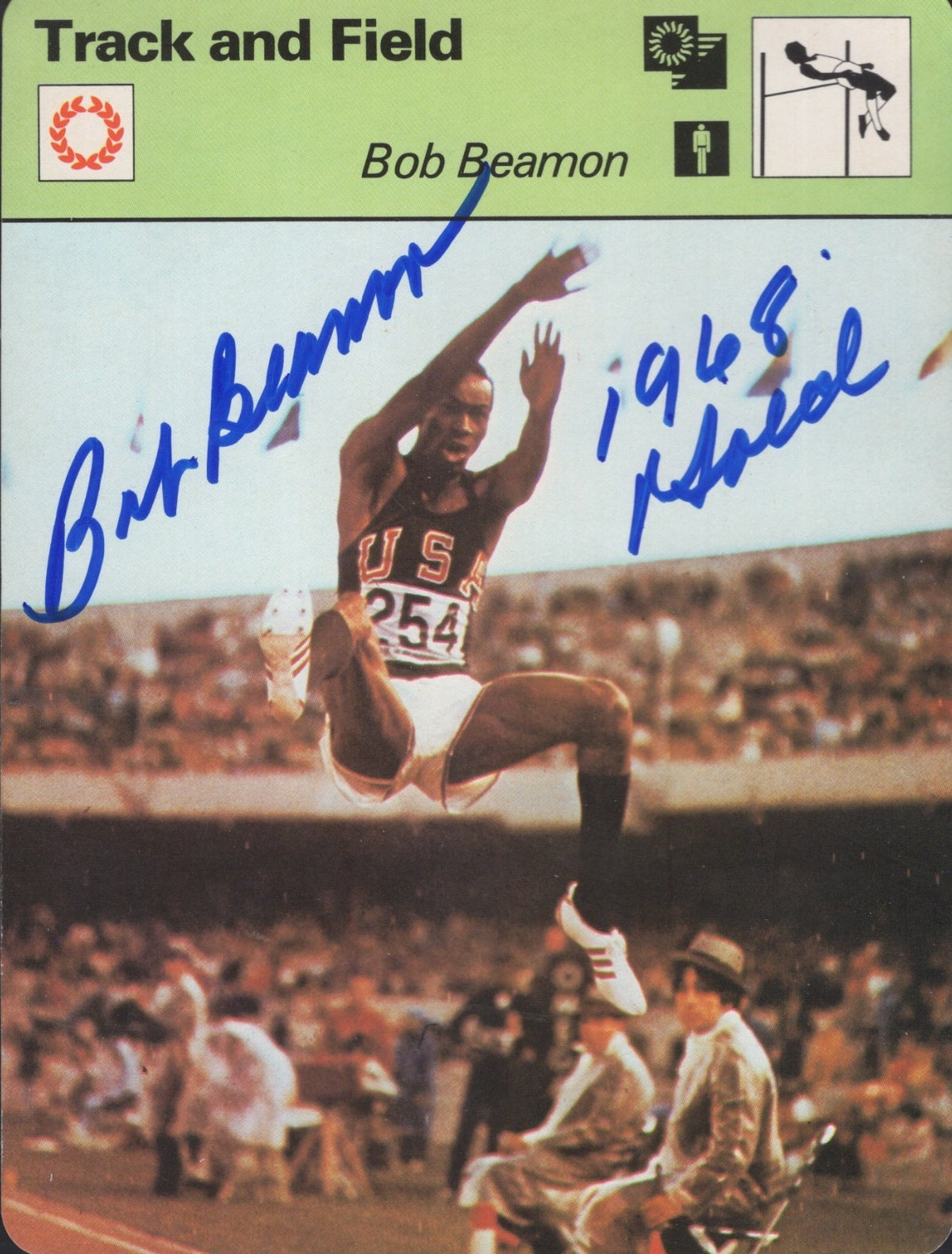 BOB BEAMON 1968 GOLD SIGNED TRACK AND FIELD SPORTSCASTER CARD BECKETT
