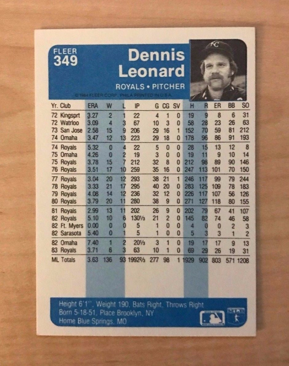 DENNIS LEONARD KANSAS CITY ROYALS SIGNED AUTOGRAPHED 1984 FLEER CARD #349 W/COA