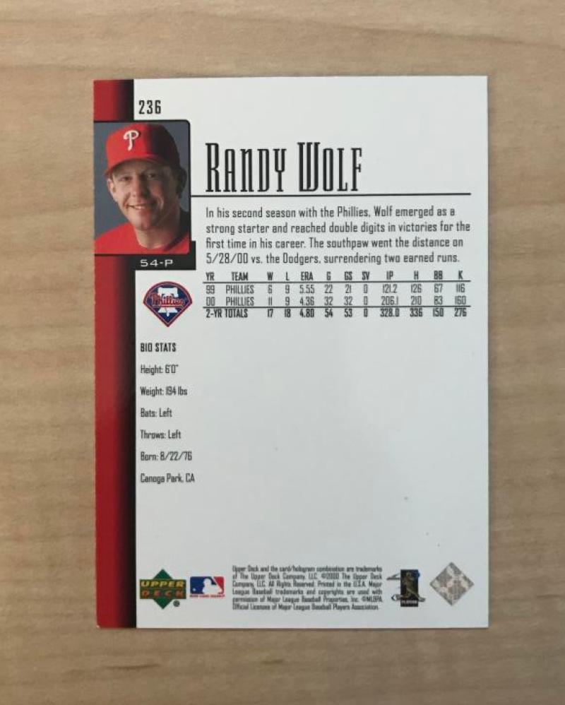 RANDY WOLF PHILADELPHIA PHILLIES SIGNED 2001 UPPER DECK CARD #236 W/COA