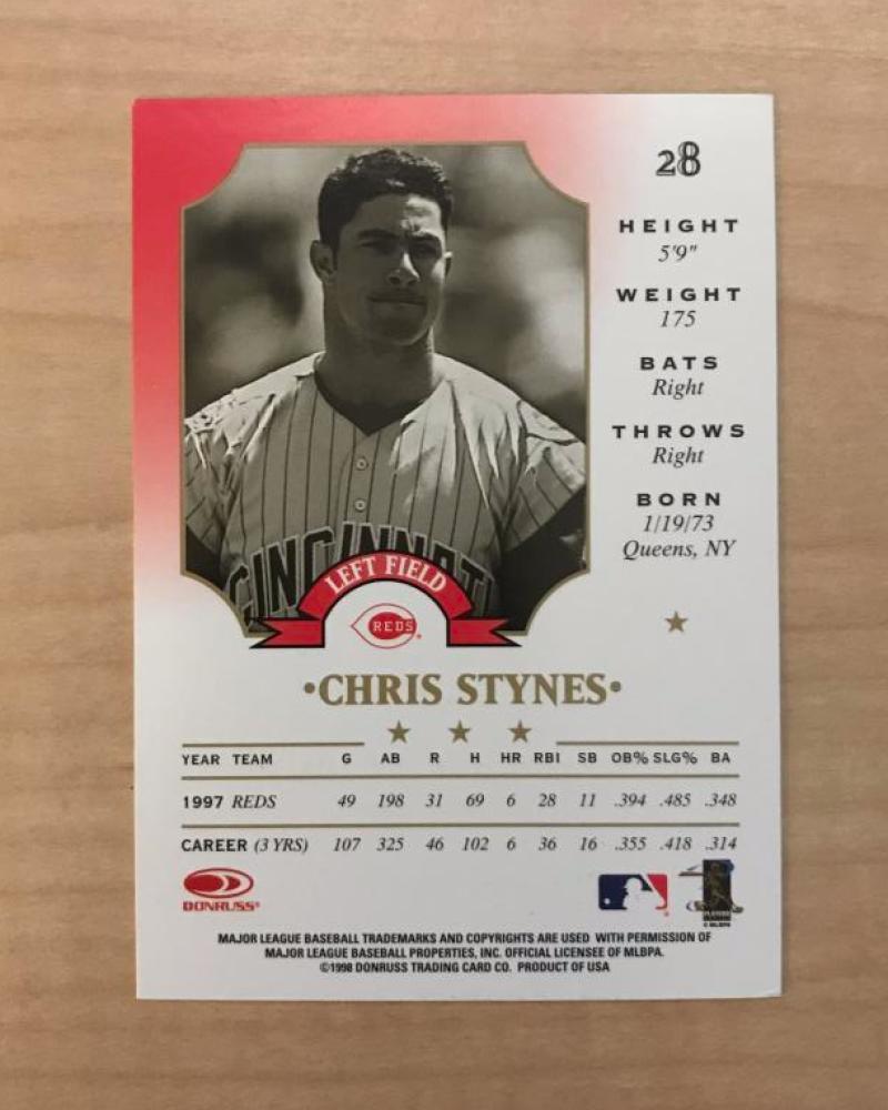 CHRIS STYNES CINCINNATI REDS SIGNED AUTOGRAPHED 1998 DONRUSS CARD #28 W/COA 