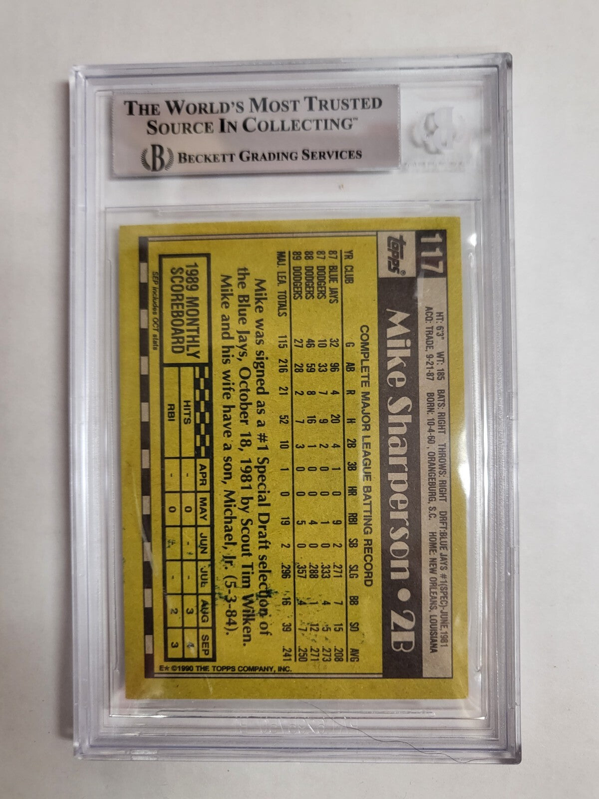 1990 TOPPS MIKE SHARPERSON DODGERS #117 AUTO SIGNED CARD BECKETT AUTHENTIC