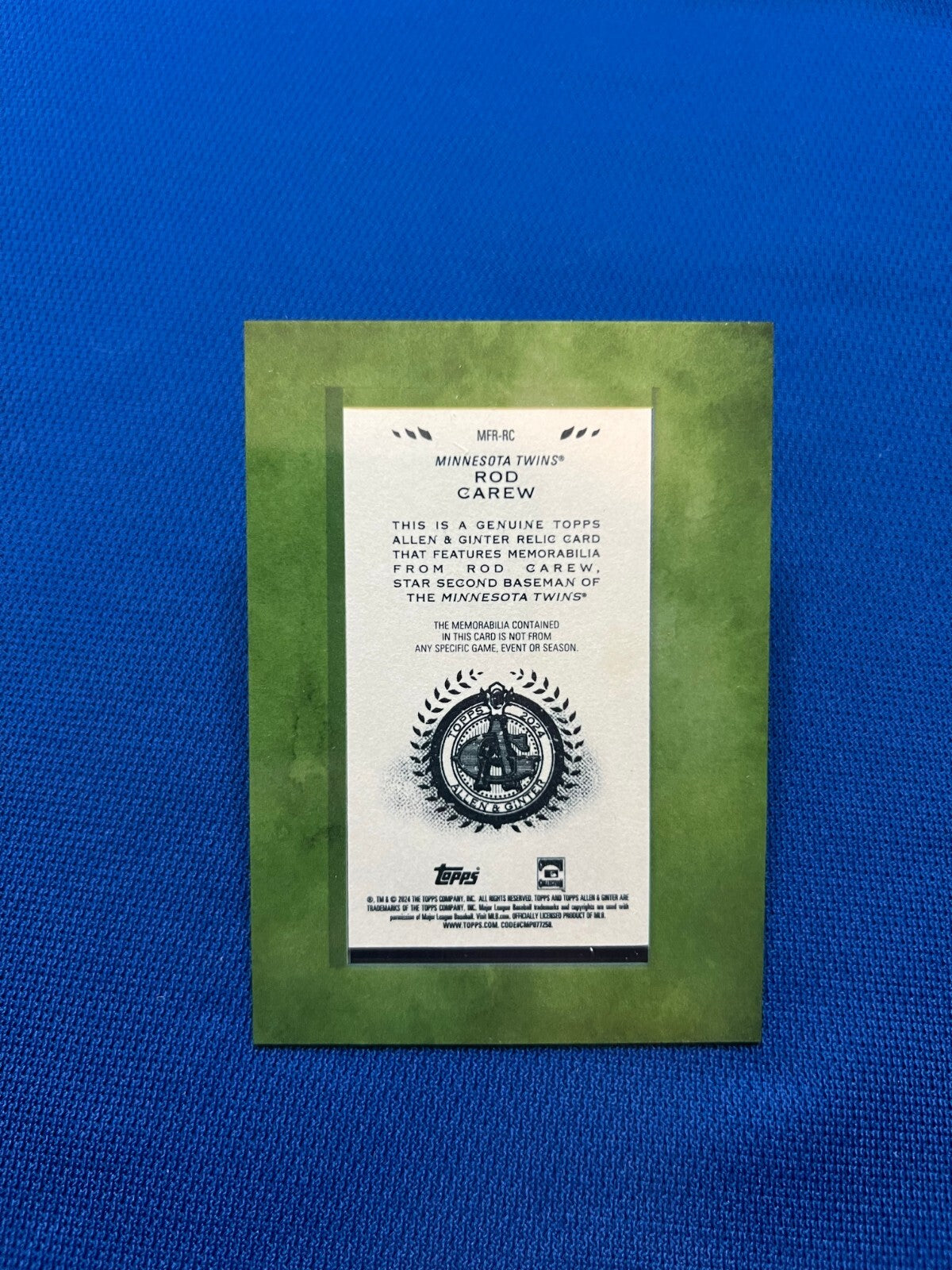 2024 TOPPS ALLEN & GINTER ROD CAREW MINNESOTA TWINS BAT RELIC CARD #MFR-RC