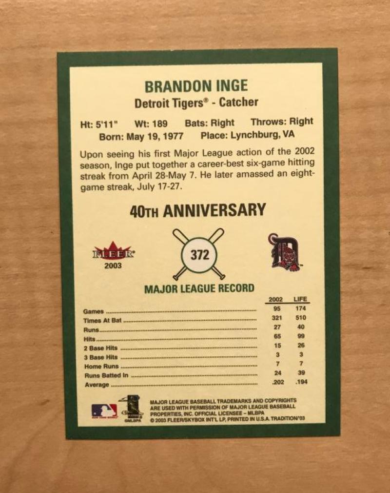 BRANDON INGE DETROIT TIGERS SIGNED 2003 FLEER TRADITION CARD #372 W/COA