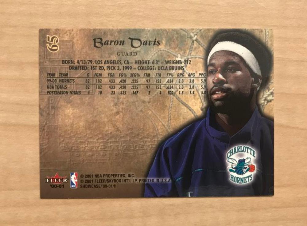 BARON DAVIS CHARLOTTE HORNETS AUTOGRAPHED 00-01 FLEER SHOWCASE CARD #65 W/COA