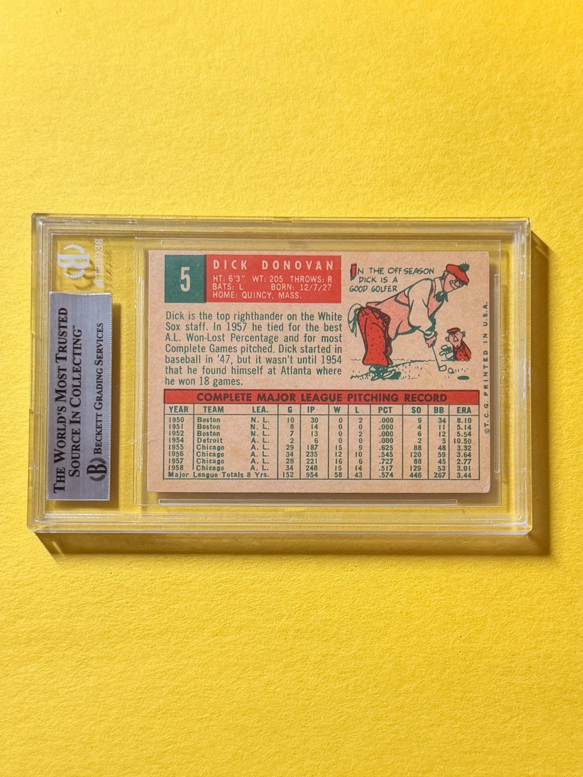 1959 TOPPS DICK DONOVAN #5 SIGNED AUTO CARD BECKETT AUTHENTIC WHITE SOX