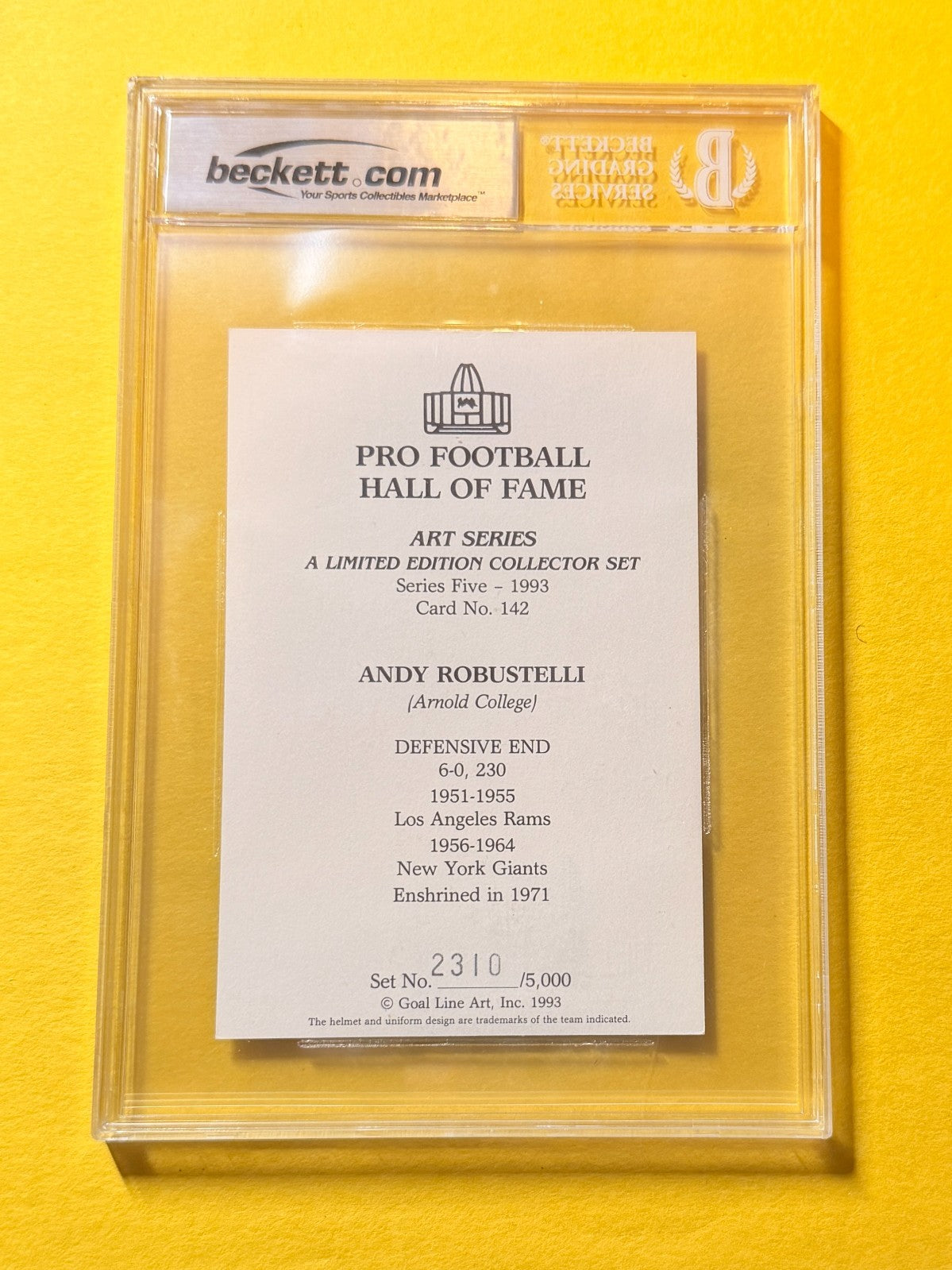 1989 GOAL LINE HOF ANDY ROBUSTELLI #142 SIGNED ART BECKETT AUTHENTIC 10 "HOF 71"