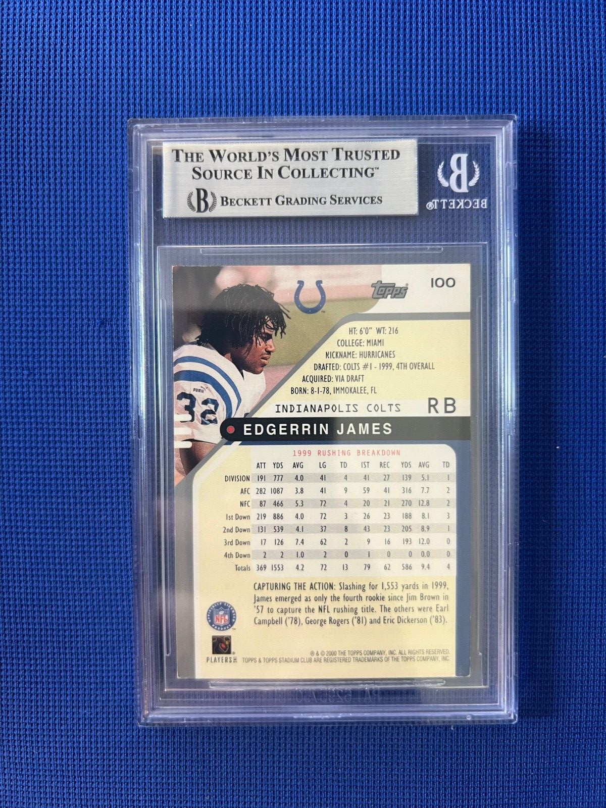 2000 STADIUM CLUB EDGERRIN JAMES COLTS SIGNED AUTOGRAPHED CARD #100 BECKETT