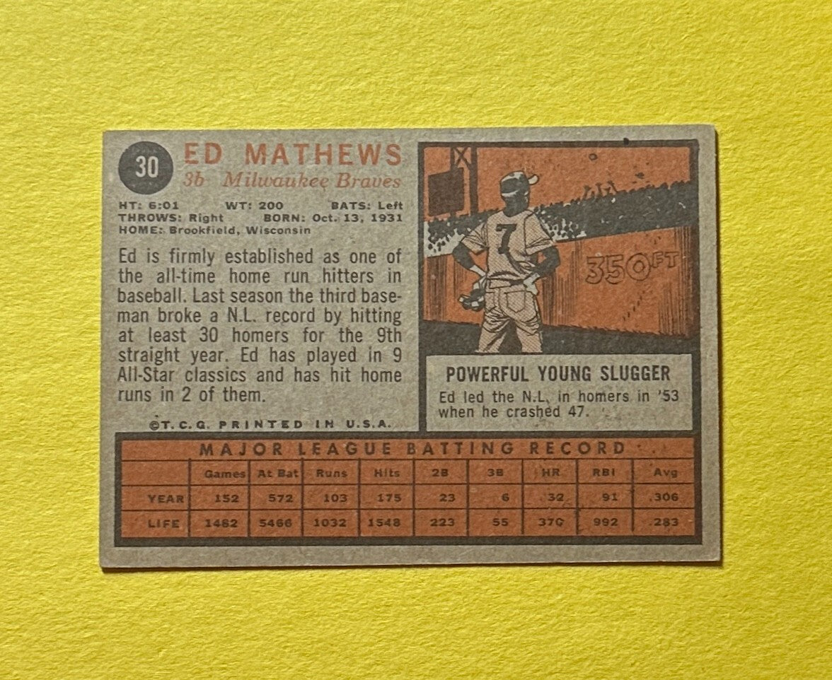 1962 TOPPS ED MATHEWS #30 BRAVES HOF