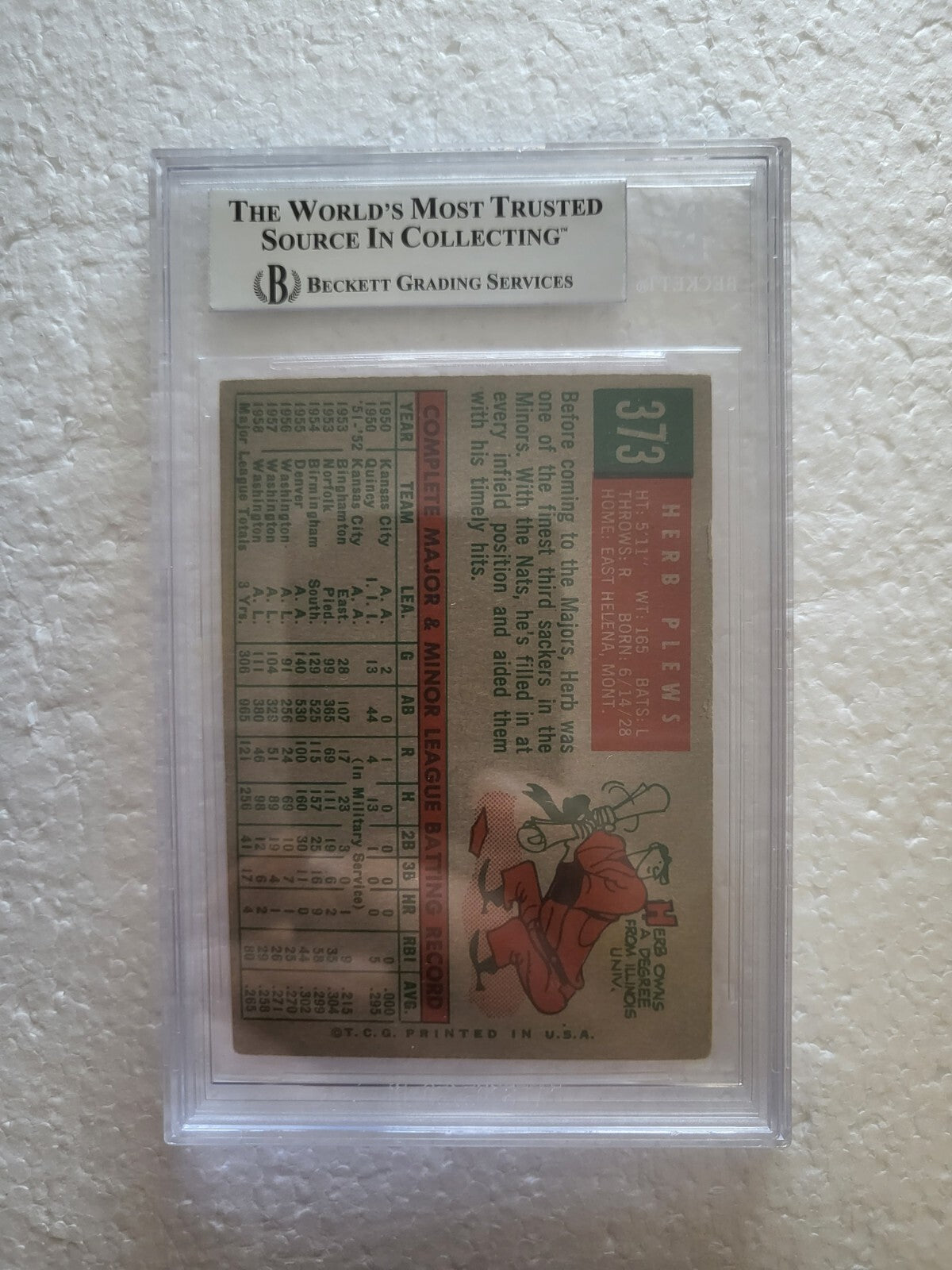 1959 TOPPS HERB PLEWS WASHINGTON SENATORS SIGNED AUTO #373 CARD BECKETT