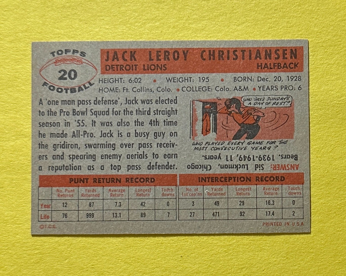 1956 TOPPS JACK CHRISTIANSEN #20 LIONS