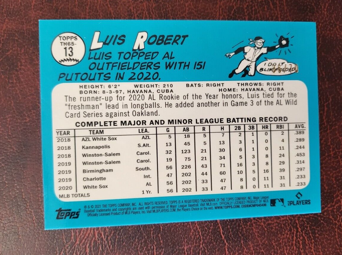 2021 TOPPS CHROME LUIS ROBERT CHICAGO WHITE SOX 1965 STYLE CARD RETRO RED /70