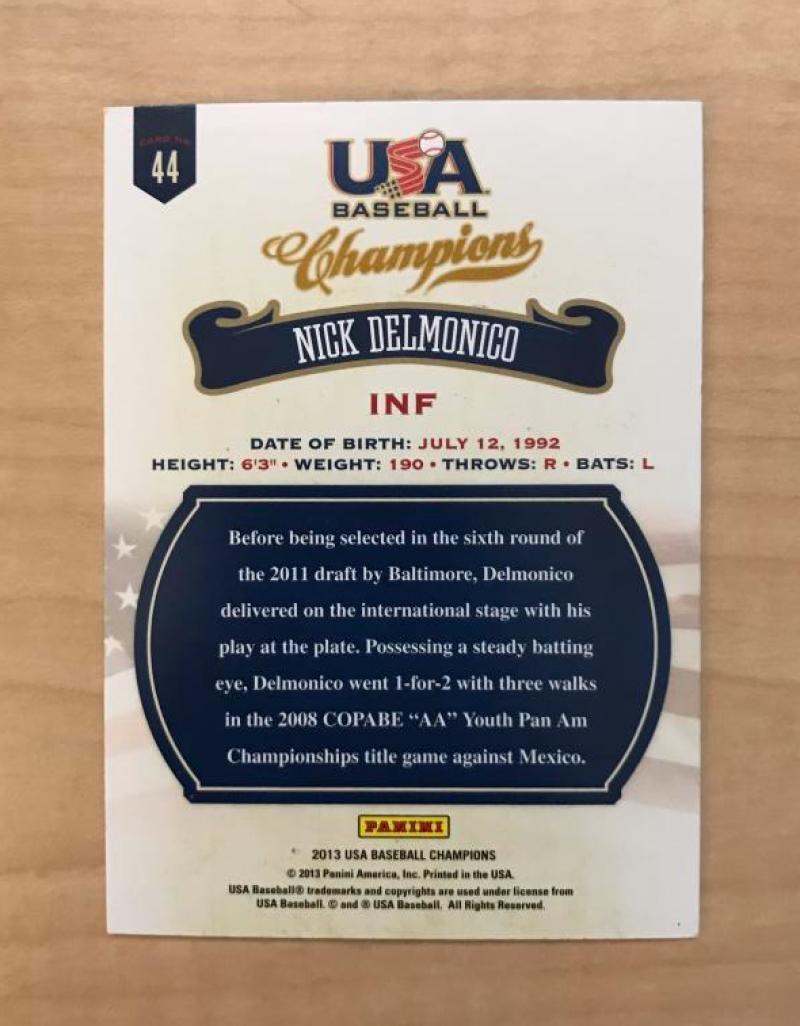 NICK DELMONICO USA BASEBALL SIGNED AUTOGRAPHED 2013 PANINI CARD #44 W/COA