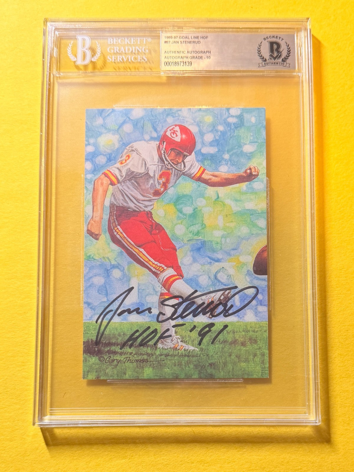 1989 GOAL LINE HOF JAN STENERUD #87 SIGNED ART BECKETT AUTHENTIC 10 "HOF 91"