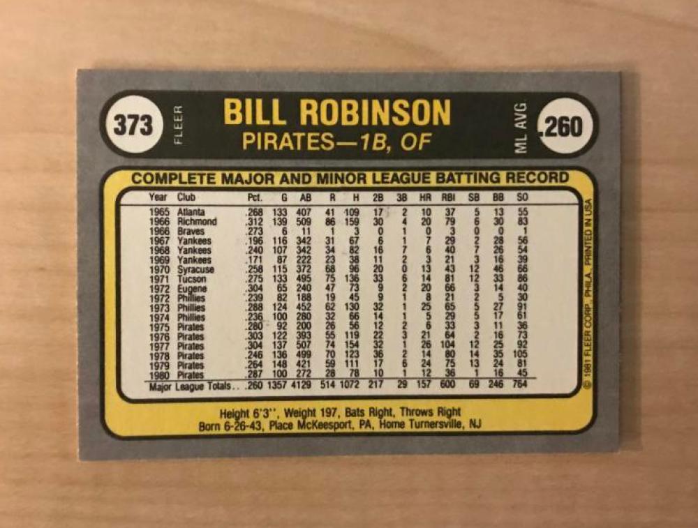 BILL ROBINSON PITTSBURGH PIRATES SIGNED AUTOGRAPHED 1981 FLEER CARD #373 W/COA 