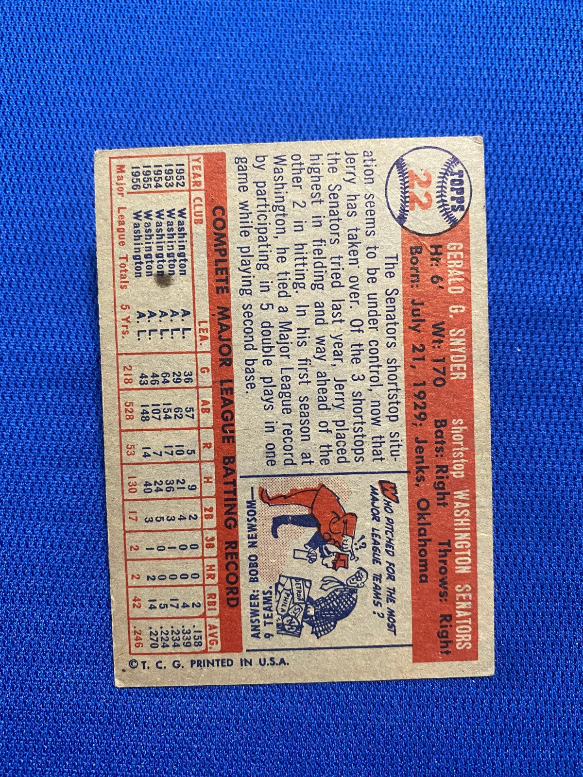 1957 TOPPS JERRY SNYDER WASHINGTON SENATORS #22 CARD VINTAGE SET-BREAK
