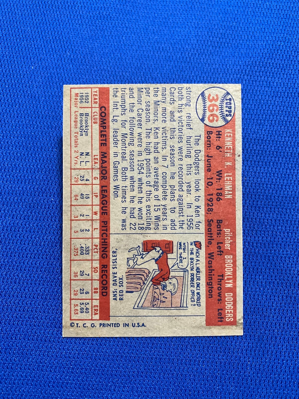 1957 TOPPS KEN LEHMAN BROOKLYN DODGERS #366 CARD VINTAGE SET-BREAK