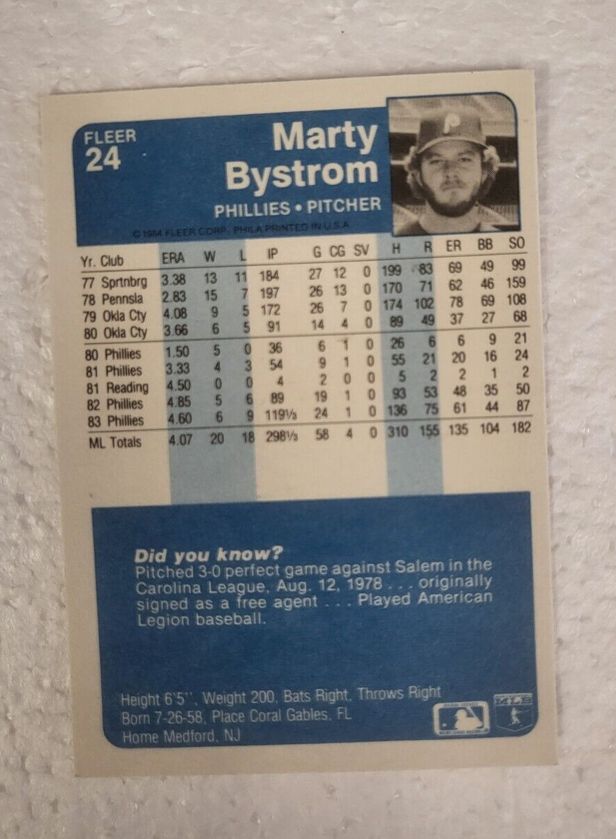 1984 FLEER MARTY BYSTROM PHILADELPHIA PHILLIES SIGNED AUTO CARD #24 W/COA