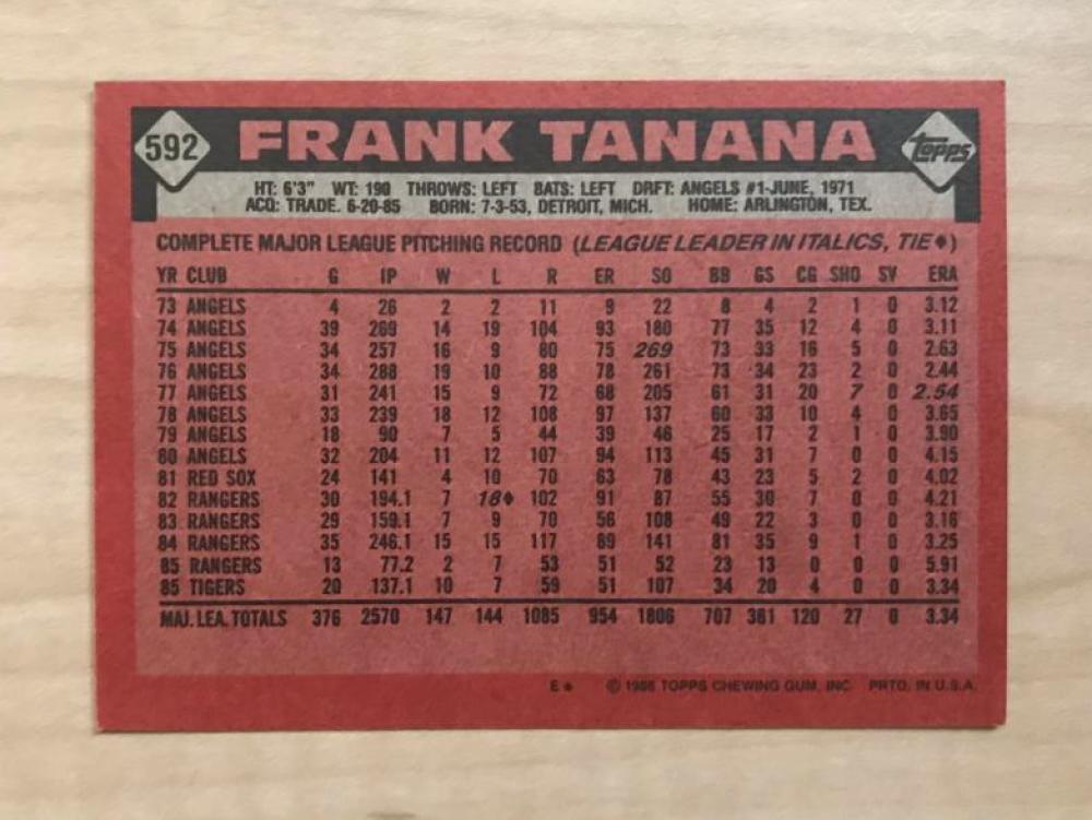 FRANK TANANA DETROIT TIGERS SIGNED AUTOGRAPHED 1986 TOPPS CARD #592 W/COA