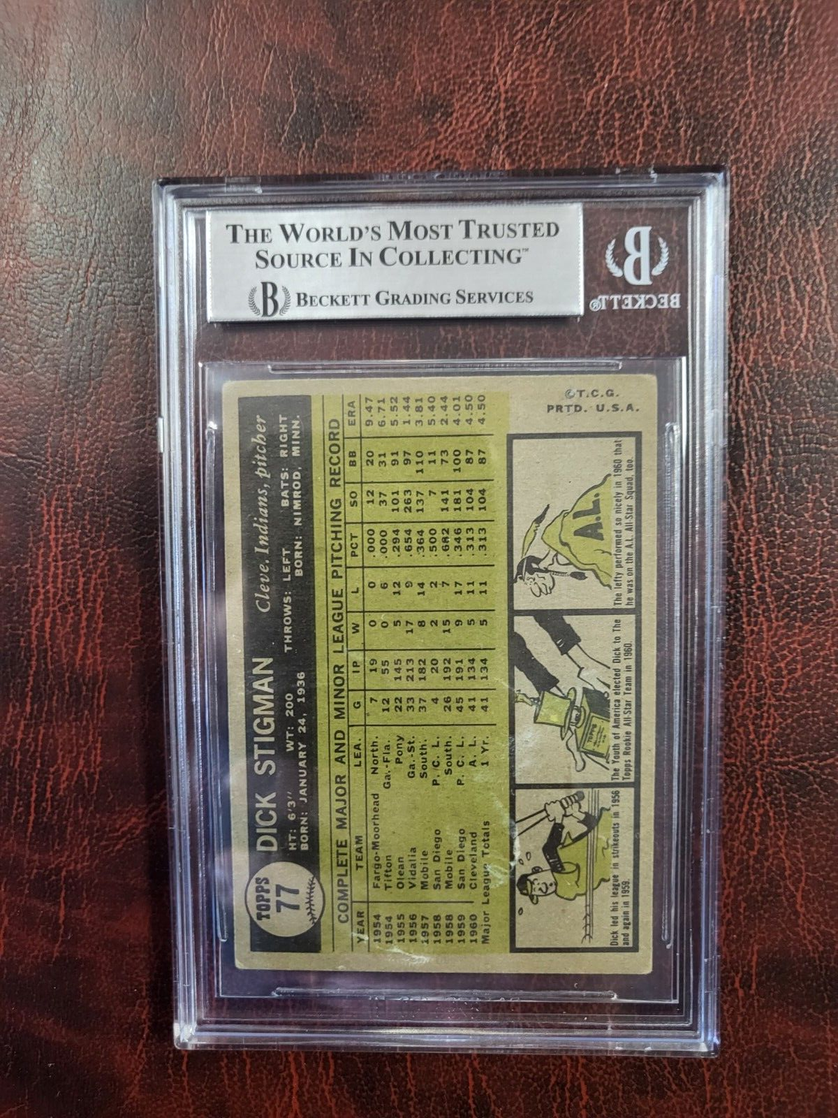 1961 TOPPS DICK STIGMAN INDIANS SIGNED AUTOGRAPH #77 CARD BECKETT AUTHENTIC